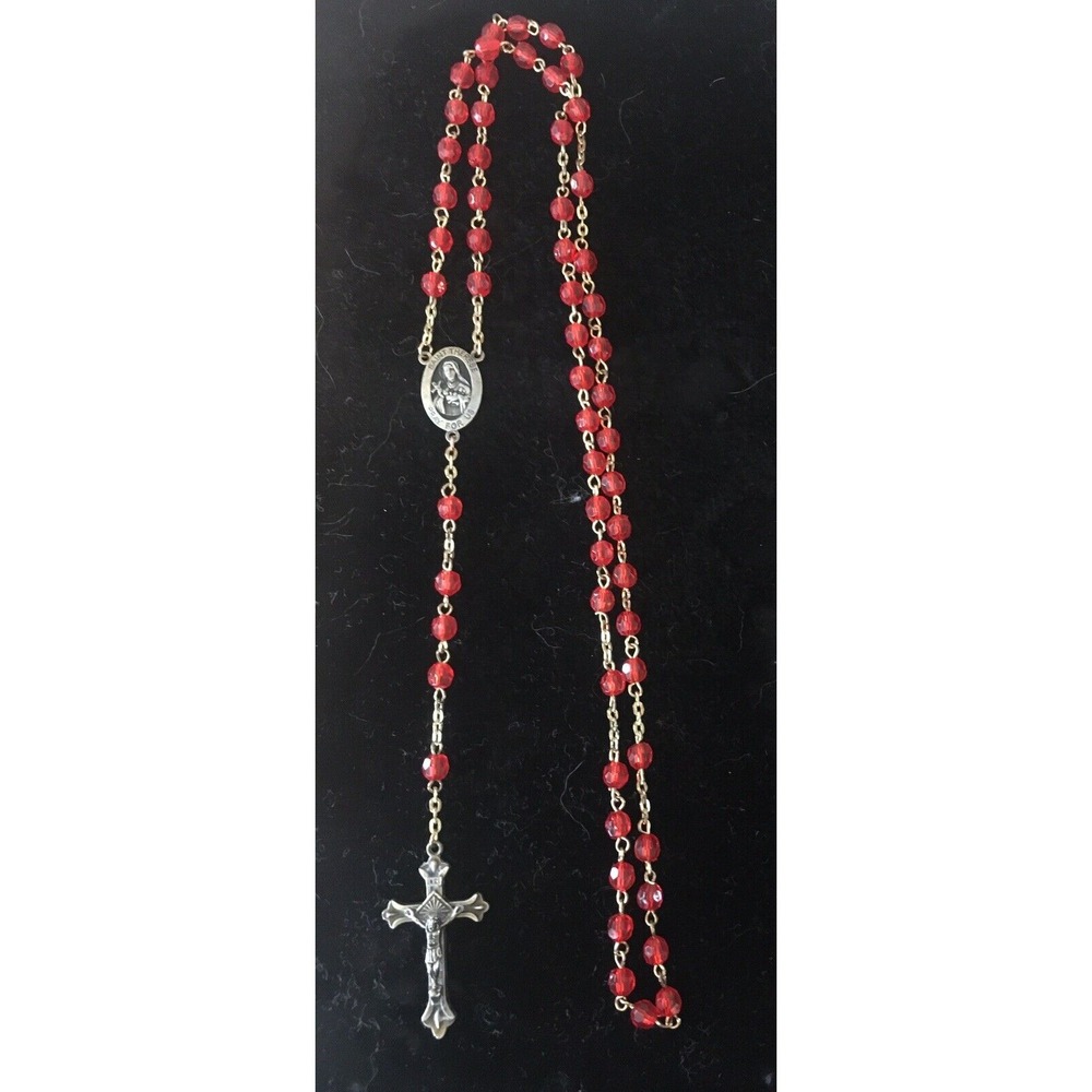 Vintage SAINT THERESE ROSARY with Red Beads and Crucifix Cross